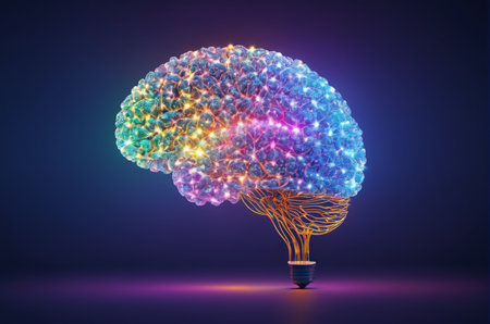 Lightbulb with glowing human brain on blue background. 3D rendering