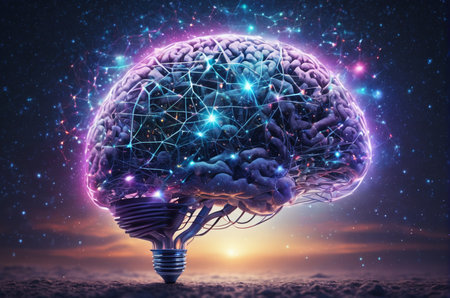 Brainstorming concept. 3D rendering of human brain with glowing lights