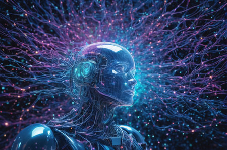 Cyborg woman with glowing brain. Artificial intelligence concept. 3D Rendering