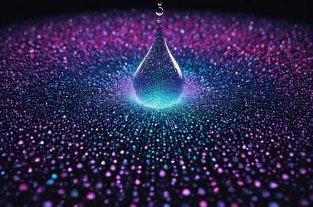 Water drop with colorful particles, 3d rendering. Computer digital drawing.の写真素材