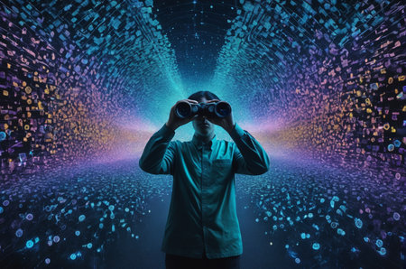 Young man looking through binoculars against binary code exploding on black background