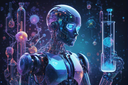 Cyborg holding test tube with blue liquid in hand, 3D renderingの写真素材