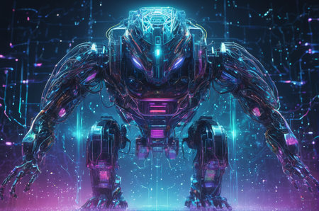 3d rendering humanoid robot with circuit board background, future technology concept