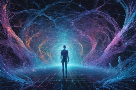 Conceptual image of human body surrounded by glowing particles and linesの写真素材