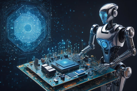 Robot and circuit board on dark blue background 3D rendering.の写真素材