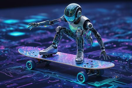Robot riding skateboard on circuit board. 3D rendering.の写真素材