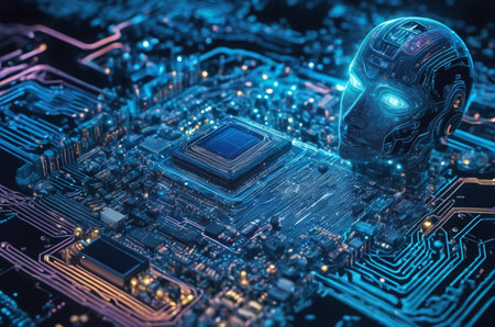 3d rendering of artificial intelligence robot on computer circuit board. Future technology concept