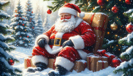 Santa Claus sitting on a chair near the Christmas tree. Christmas background.