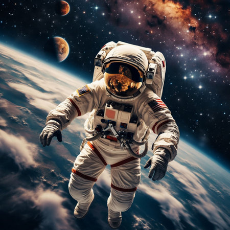 Astronaut spaceman do spacewalk while working for space station in outer space.の写真素材