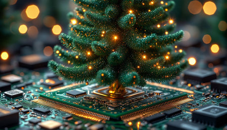 Christmas tree on a computer circuit board with bokeh background.