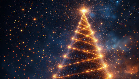 abstract christmas tree on night sky background 3d render illustrationの写真素材