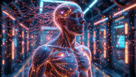 Cyborg woman with glowing brain, 3d rendering. Computer digital drawing.の写真素材