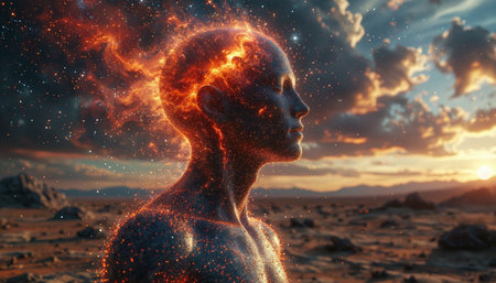 Human head with fire effect. 3d illustration.