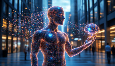 Human brain hologram with human figure over city background 3D renderingの写真素材