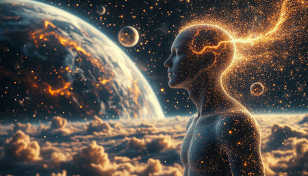 Space background with female face and planets. 3d rendering toned imageの写真素材