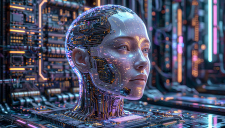 3D rendering of artificial intelligence concept with robot head and circuit board