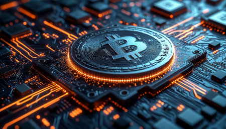 Golden Bitcoin on circuit board background. Cryptocurrency concept. 3d illustration