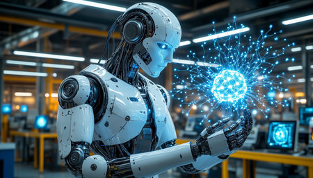 Robot humanoid working with artificial intelligence in future factory 3D rendering