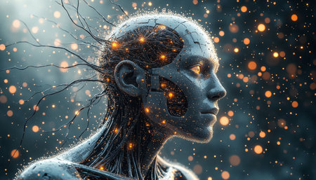 3D rendering of a female robot with glowing eyes and long hairの写真素材