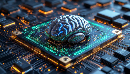3D illustration of artificial intelligence concept. Brain and circuit board.