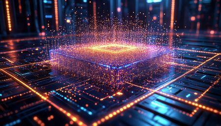 3D rendering of a technological background with a binary code and a computer processor