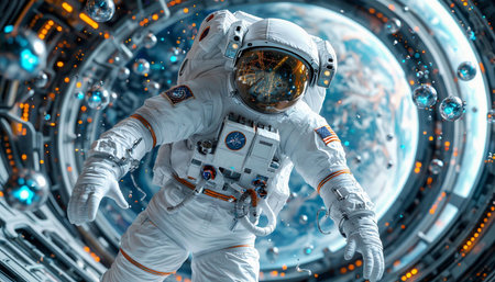 Astronaut in outer space. Science fiction wallpaper. Mixed media
