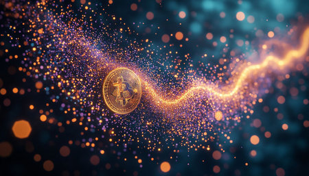 Bitcoin cryptocurrency. Digital crypto currency. Gold coin with digital wave.の写真素材