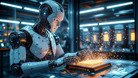Robot humanoid working on a computer in a factory. 3D rendering.の写真素材