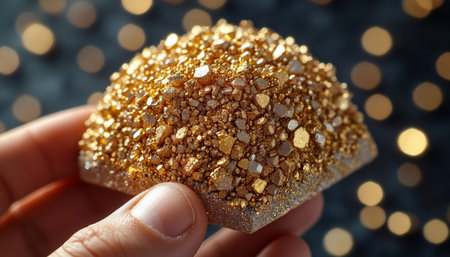 Female hand holding golden glitter gift box on bokeh background, closeup
