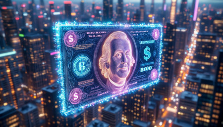 Futuristic hologram of dollar banknotes on city background 3d rendering