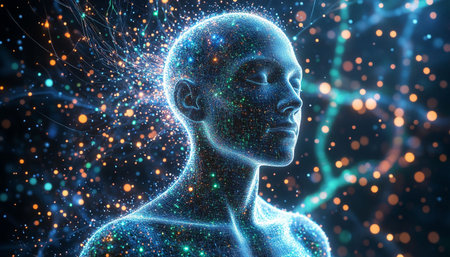 Cyborg head with glowing particles. Artificial intelligence concept. 3D Rendering