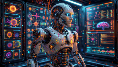 Robot humanoid in front of the big monitor with binary code. 3D rendering