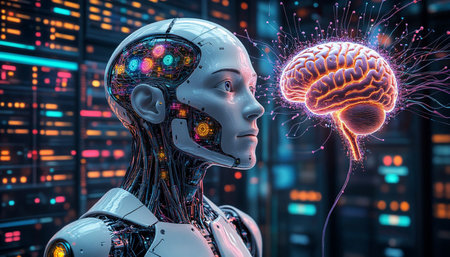 3d rendering humanoid robot with circuit brain in the server room backgroundの写真素材