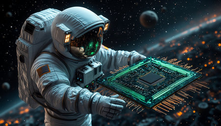 Astronaut in space suit and microchip. 3D rendering