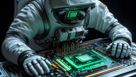 Close up view of a robot's hand on the mainboard of a computer