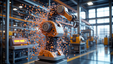 3d rendering robotic arms working in factory. Automation industry 4.0 concept
