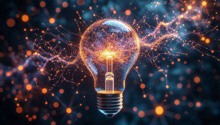 Glowing light bulb on abstract background with connection lines. 3D renderingの写真素材
