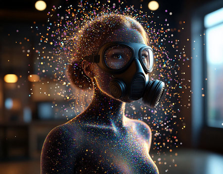 Portrait of a girl in a gas mask on her face.の写真素材