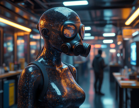 3D rendering of a futuristic mannequin wearing a gas maskの写真素材