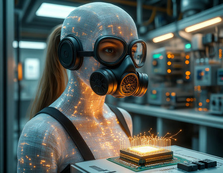 Cyborg woman in gas mask and electronic board. 3d renderingの写真素材