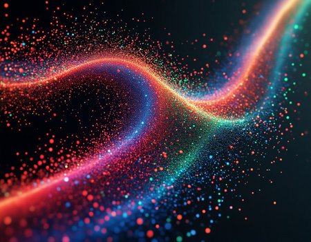 3d rendering of red and blue particles in the form of wavesの写真素材