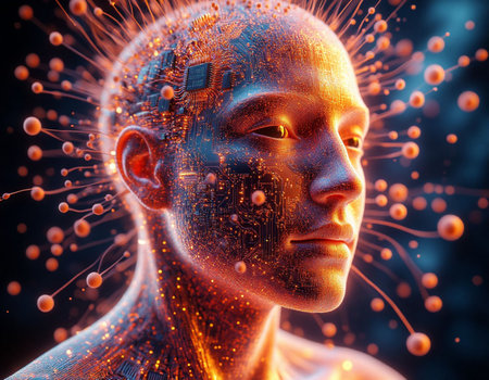 3D rendering of a female cyborg or cyborg with digital particlesの写真素材