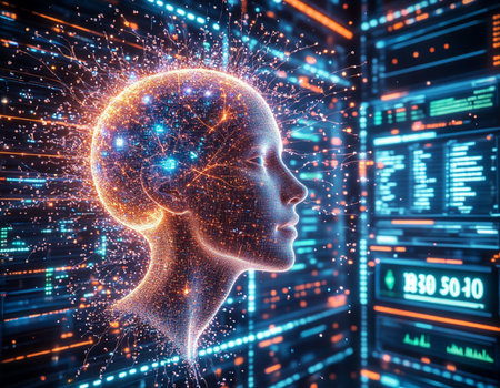 3d rendering of human head with circuit brain and data on backgroundの写真素材