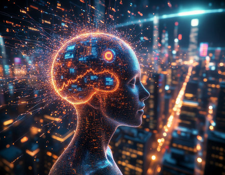 3D rendering of artificial intelligence concept with human head and binary codeの写真素材