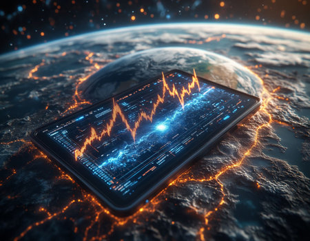 Futuristic tablet with financial chart on the screen. 3d renderingの写真素材