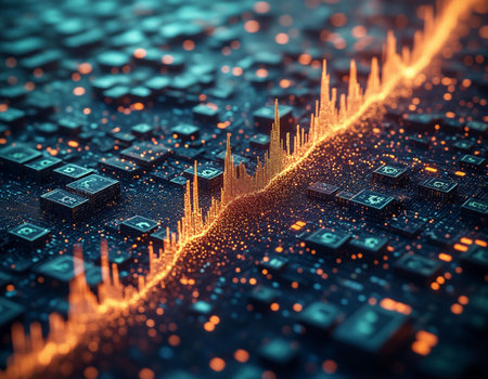 Futuristic glowing financial chart on dark background. 3D renderingの写真素材
