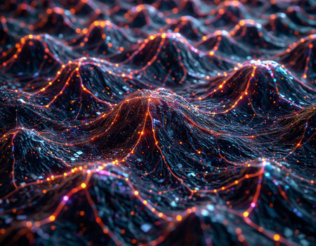 Abstract 3d rendering of wavy surface with blue and red glowing particlesの写真素材