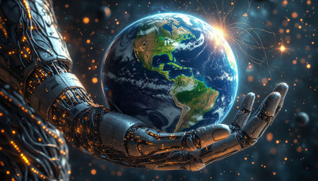 3D rendering of a robot hand holding the planet Earth in outer space.