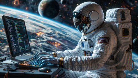 Astronaut working on a computer in outer space. Mixed media