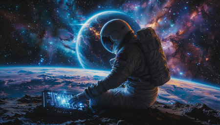 Astronaut sitting on the planet and working on laptop. Mixed media